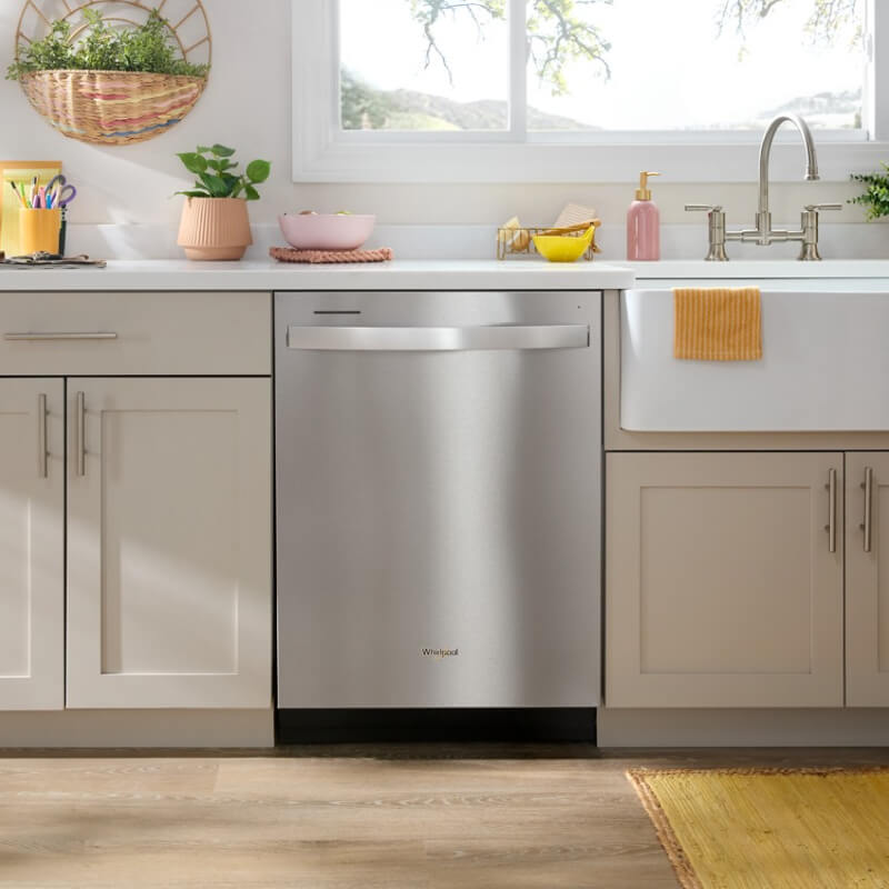 Stainless steel Whirlpool® Dishwasher in cream cabinets