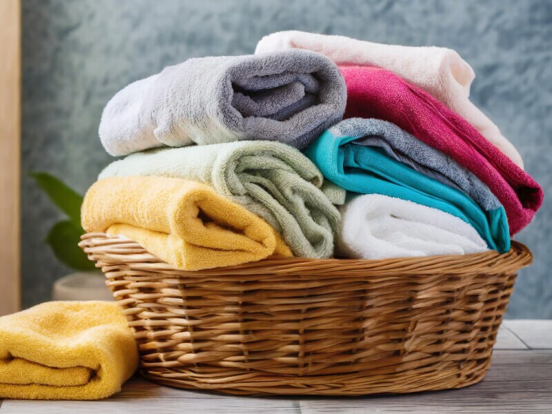Towels folded in a wicker basket