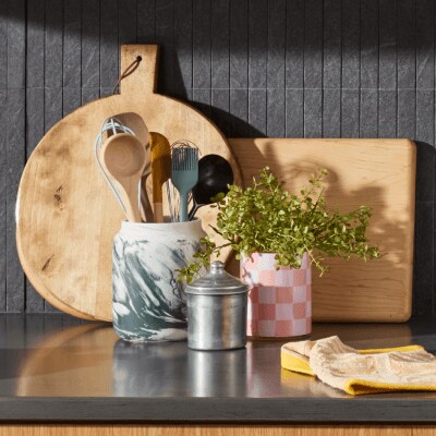 Cooking utensils on a kitchen counter