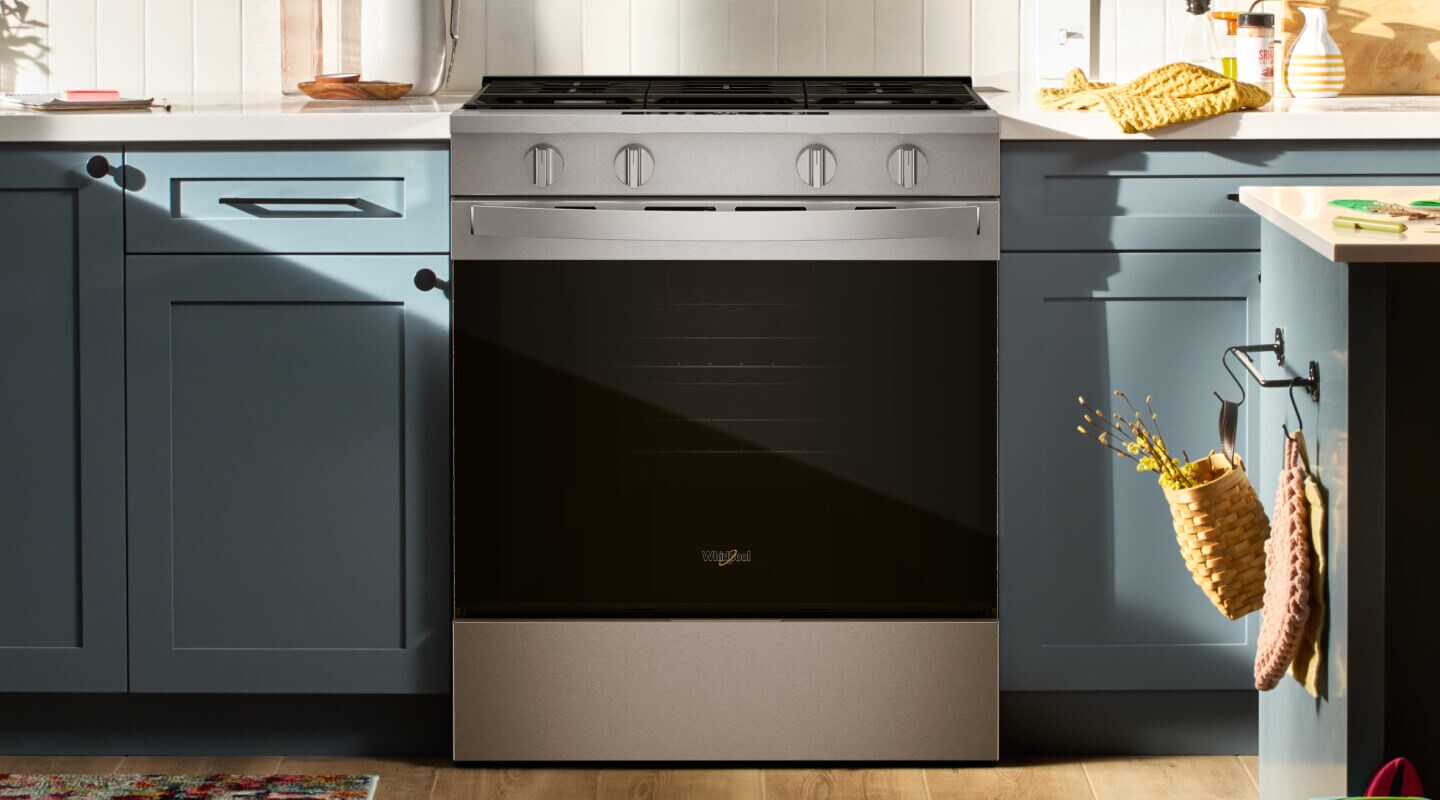 Electric range in a blue kitchen
