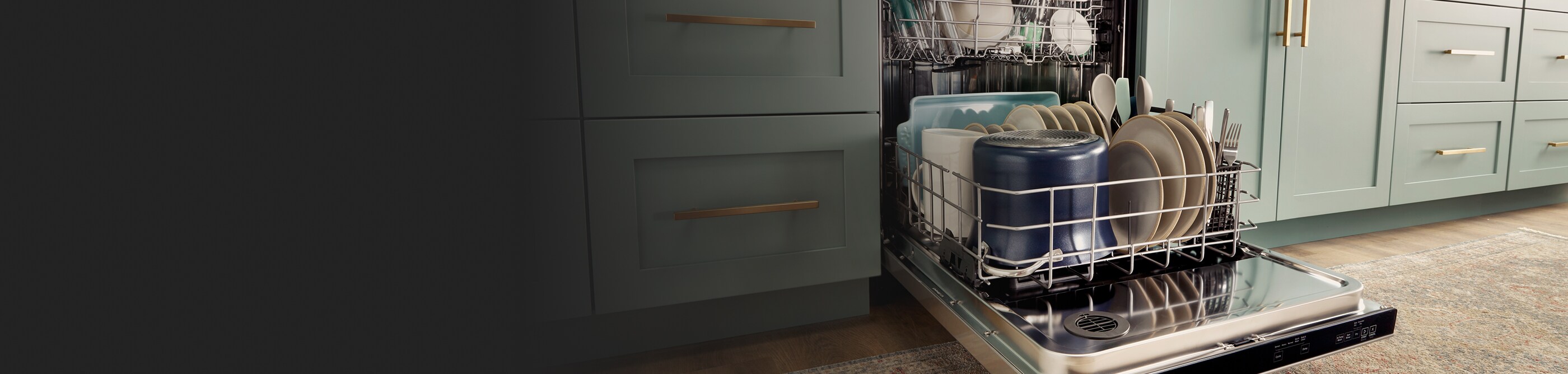 Open dishwasher filled with dishes