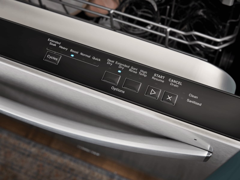 Control panel on a Whirlpool® top control dishwasher