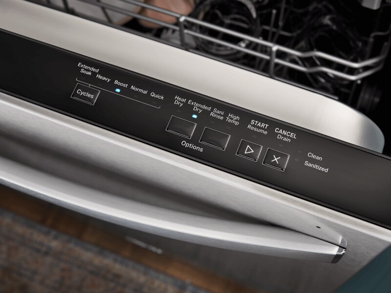 Control panel on a Whirlpool® top control dishwasher