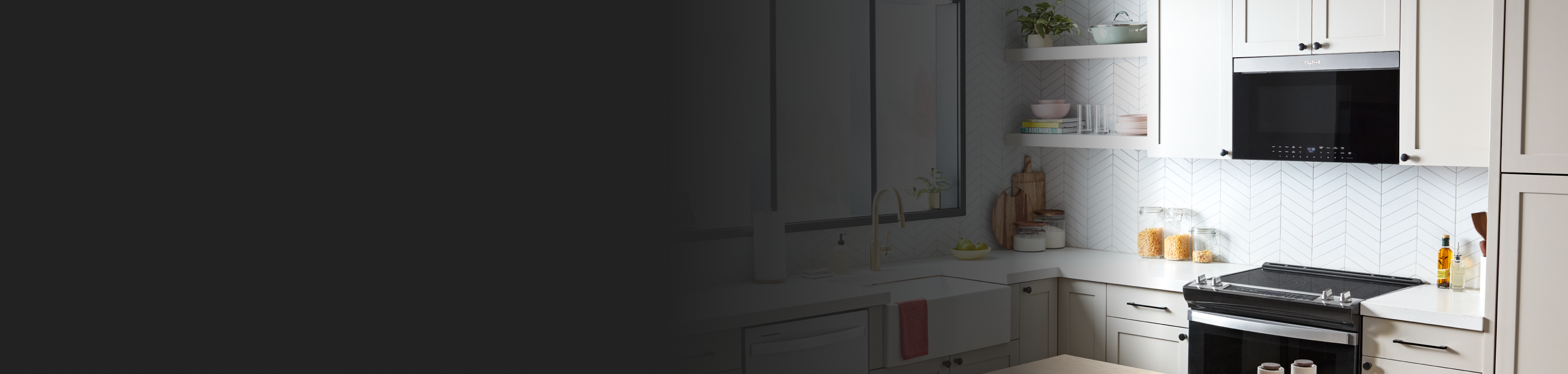 Faded image of kitchen with white kitchen cabinets and backsplash