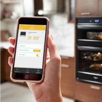 Person holding up phone with app open to wall oven settings