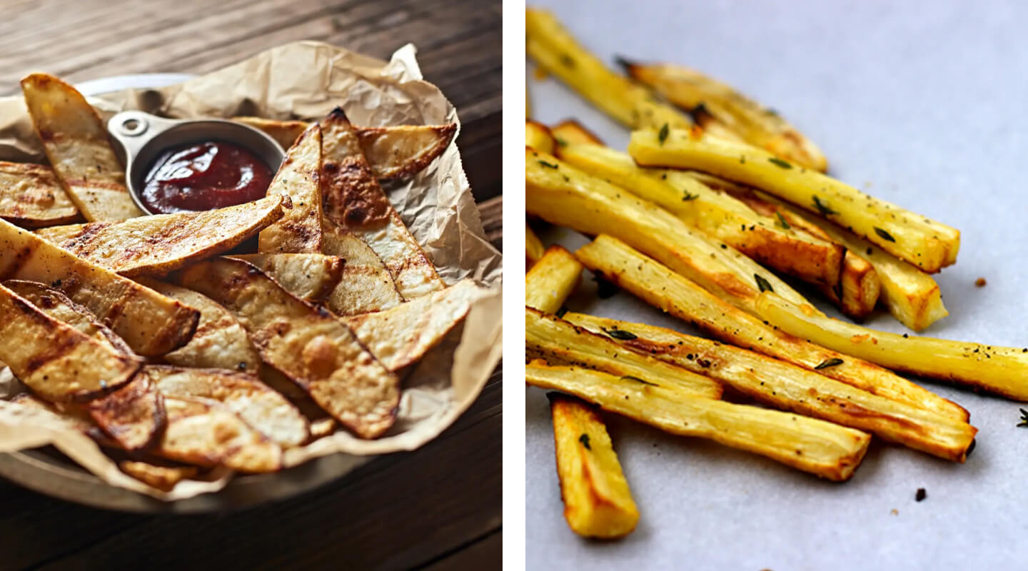 Side-by-side image of crispy potato wedges and ketchup and air fried french fries Side-by-side image of crispy potato wedges and ketchup and air fried french fries