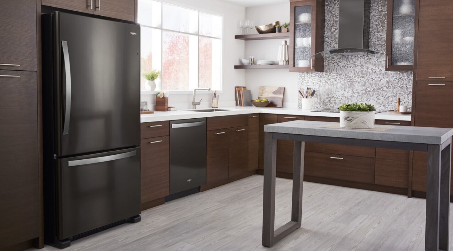 A black stainless, Whirlpool® Bottom-Freezer Refrigerator