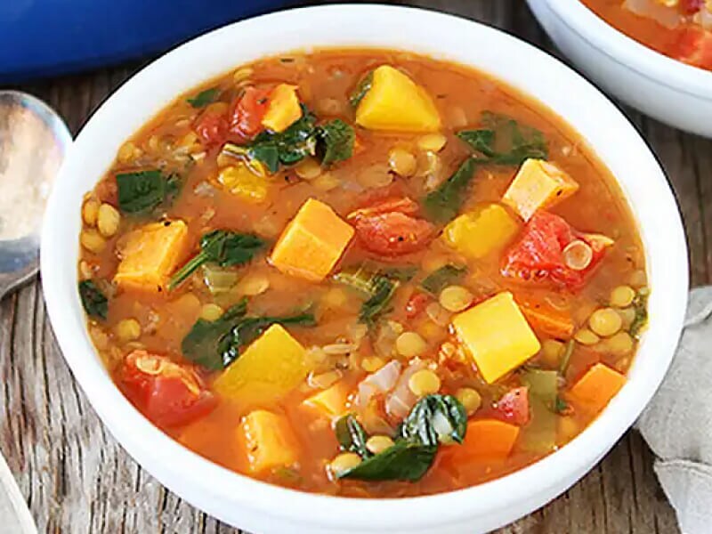 Vegetable Lentil Soup in white bowl Vegetable Lentil Soup in white bowl