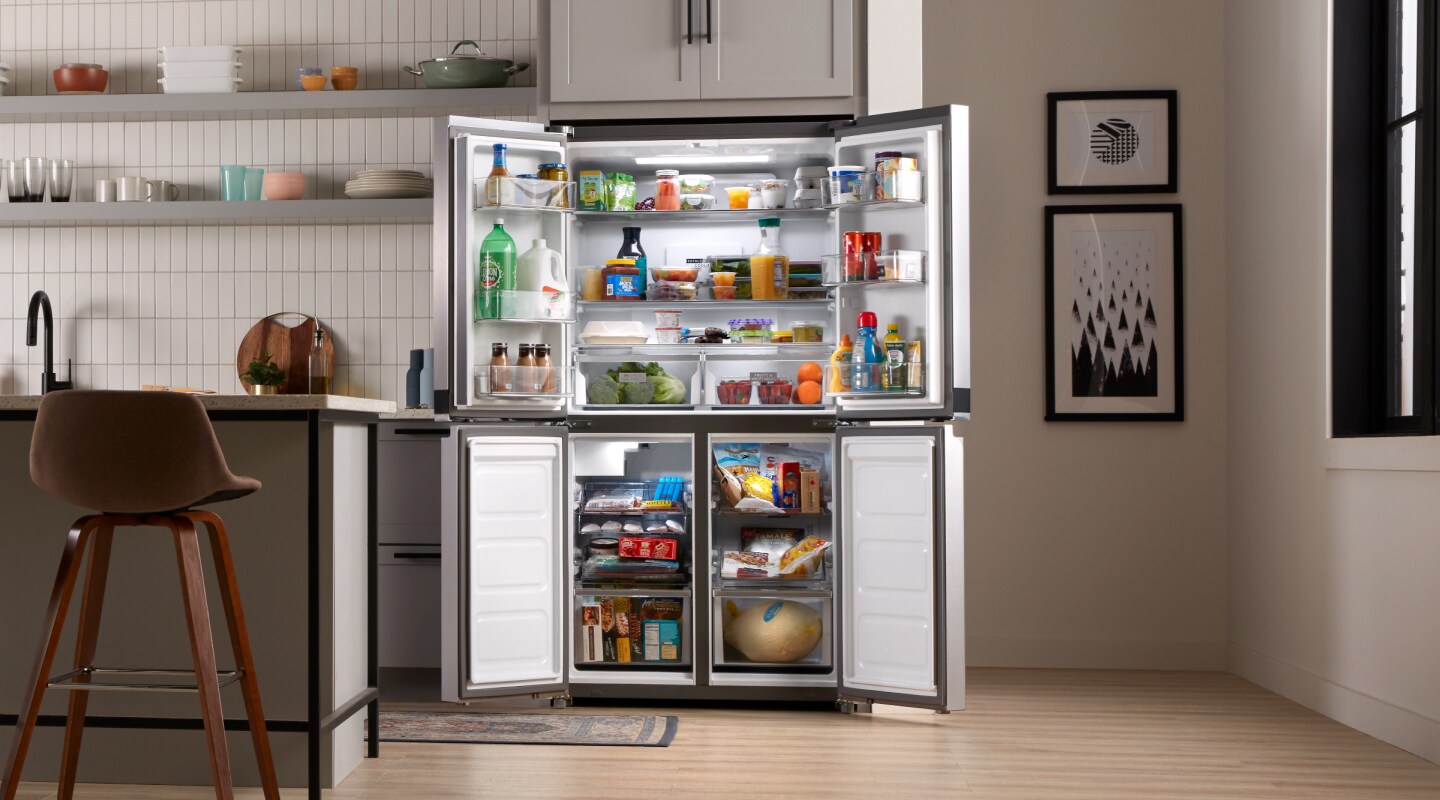 An open french door refrigerator  An open french door refrigerator