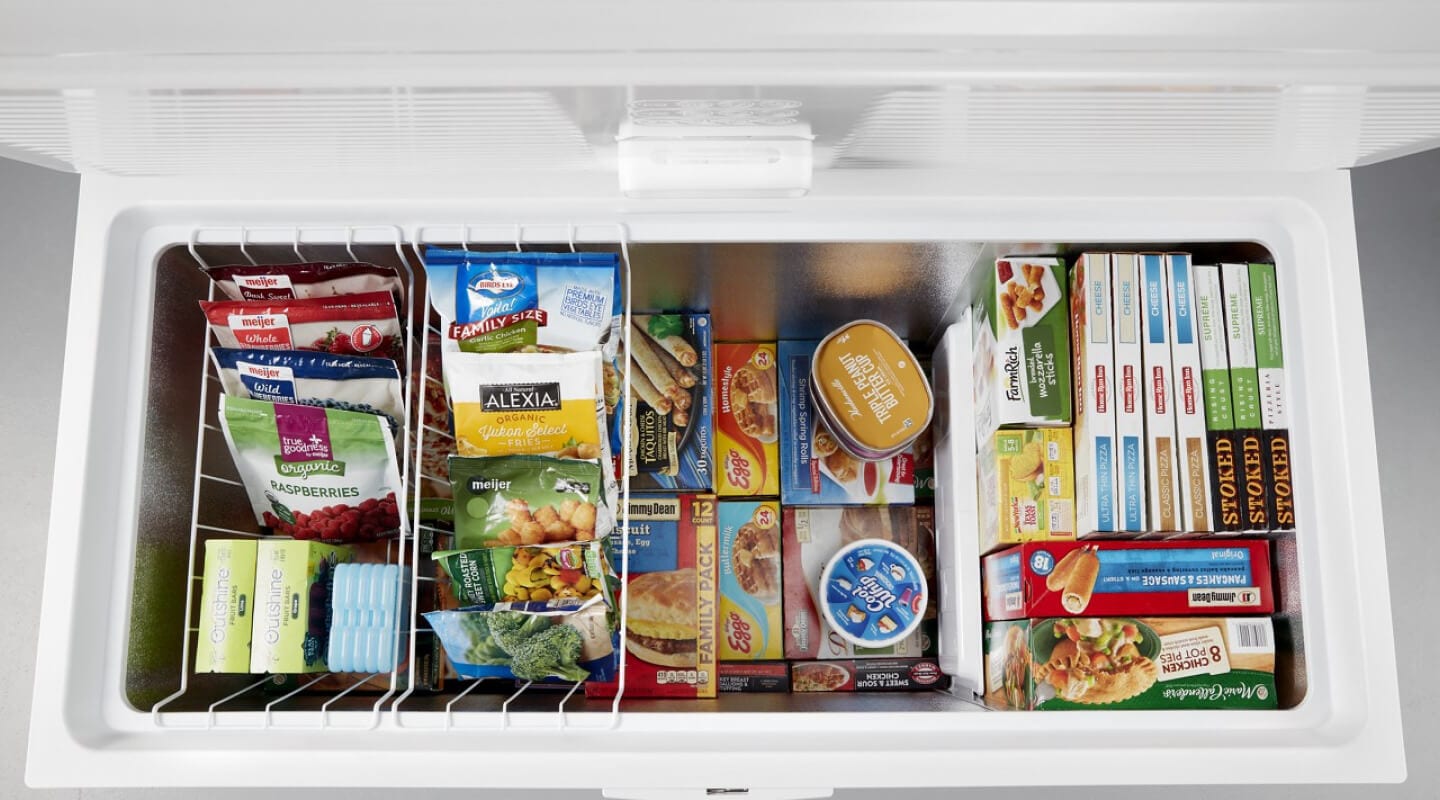 Birds-eye view of food inside a Whirlpool® Chest Freezer