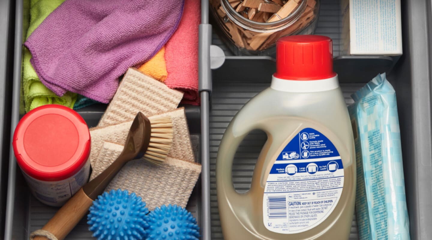 Laundry supplies in a pedestal drawer Laundry supplies in a pedestal drawer