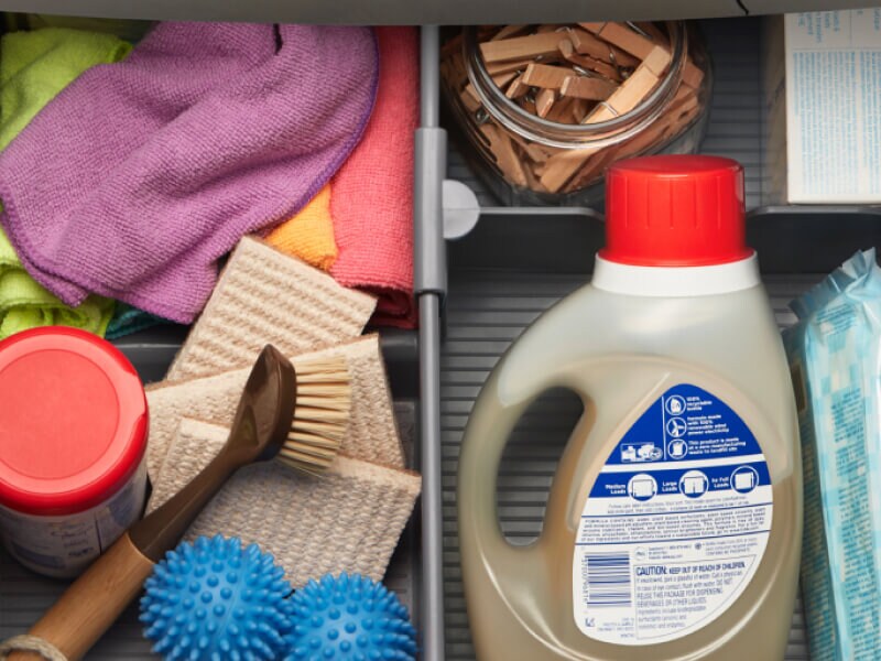 Laundry supplies in a pedestal drawer Laundry supplies in a pedestal drawer