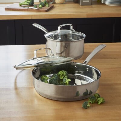 A stainless steel pot and pan