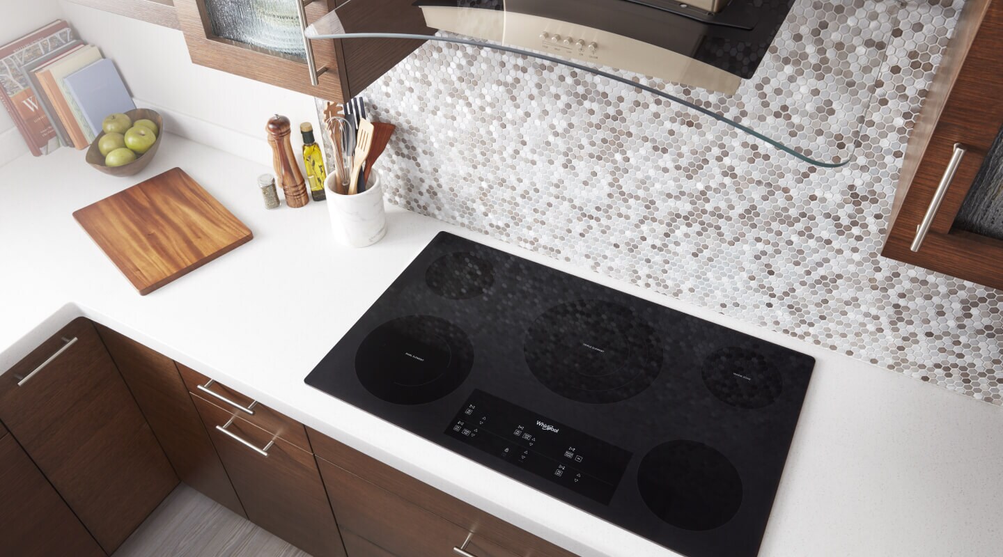 An overhead shot of a Whirlpool® Electric Cooktop in a kitchen 