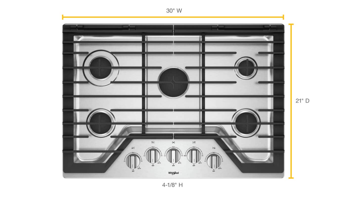 Top view of gas 5-burner cooktop with length and width dimensions noted on sides Top view of gas 5-burner cooktop with length and width dimensions noted on sides