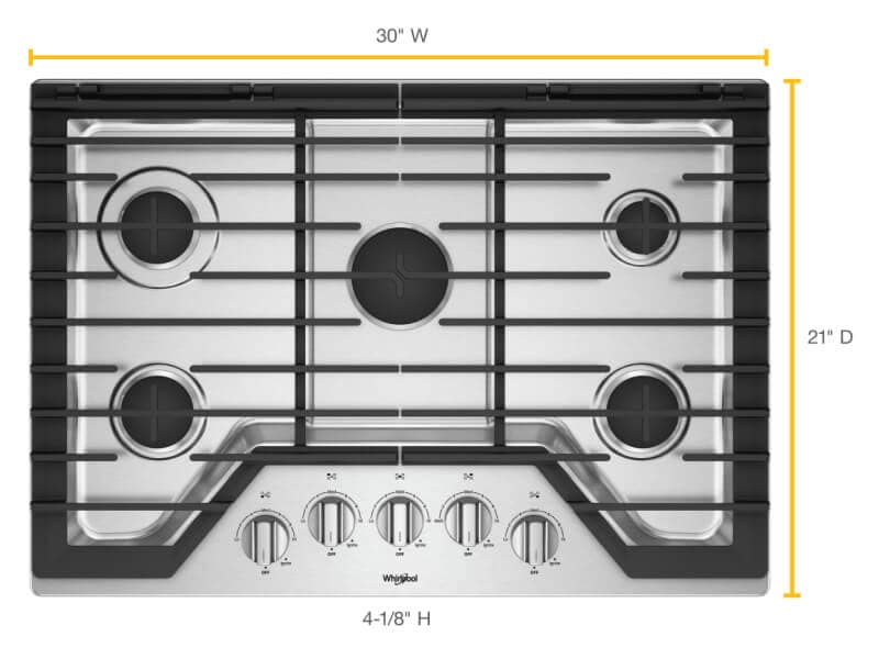Top view of gas 5-burner cooktop with length and width dimensions noted on sides Top view of gas 5-burner cooktop with length and width dimensions noted on sides
