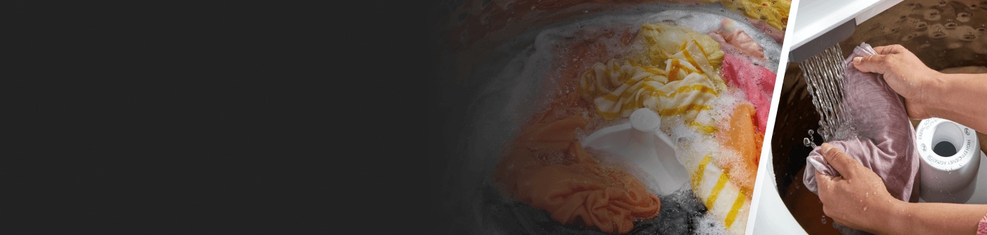 Split image with one side showing clothes in a washer and the other showing someone rinsing items
