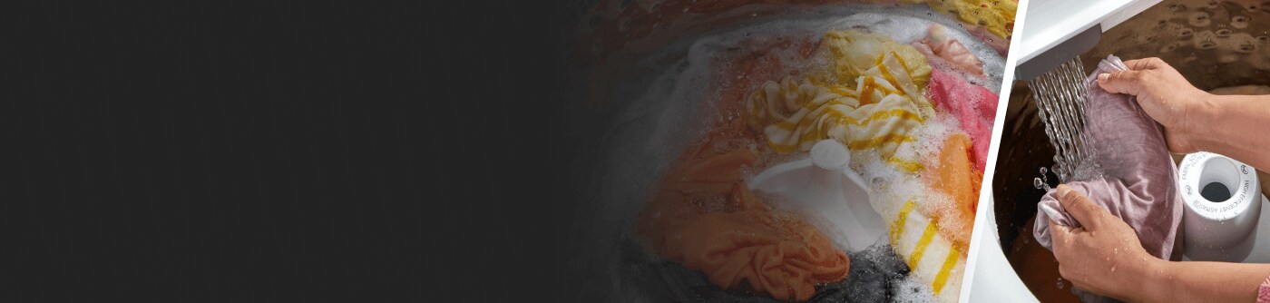 Split image with one side showing clothes in a washer and the other showing someone rinsing items