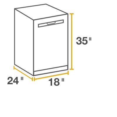 Line drawing of compact built-in dishwasher surrounded by height, width and depth measurements. 