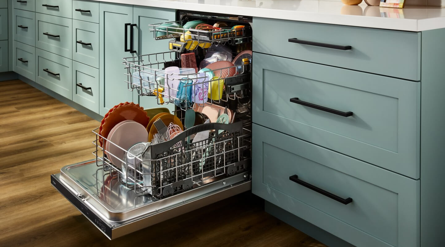 A fully loaded Whirlpool® Third Rack Dishwasher