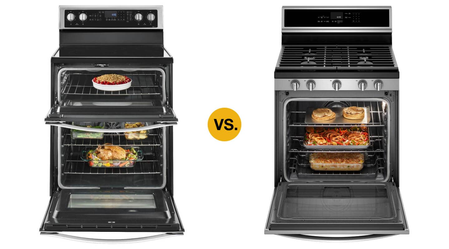 Open double oven range next to an open single oven range Open double oven range next to an open single oven range