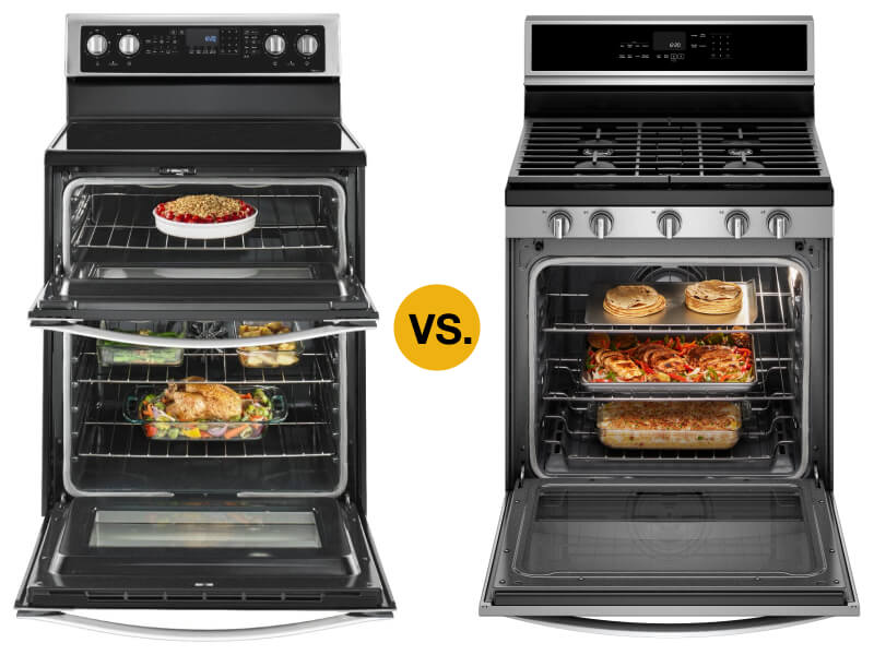 Open double oven range next to an open single oven range Open double oven range next to an open single oven range