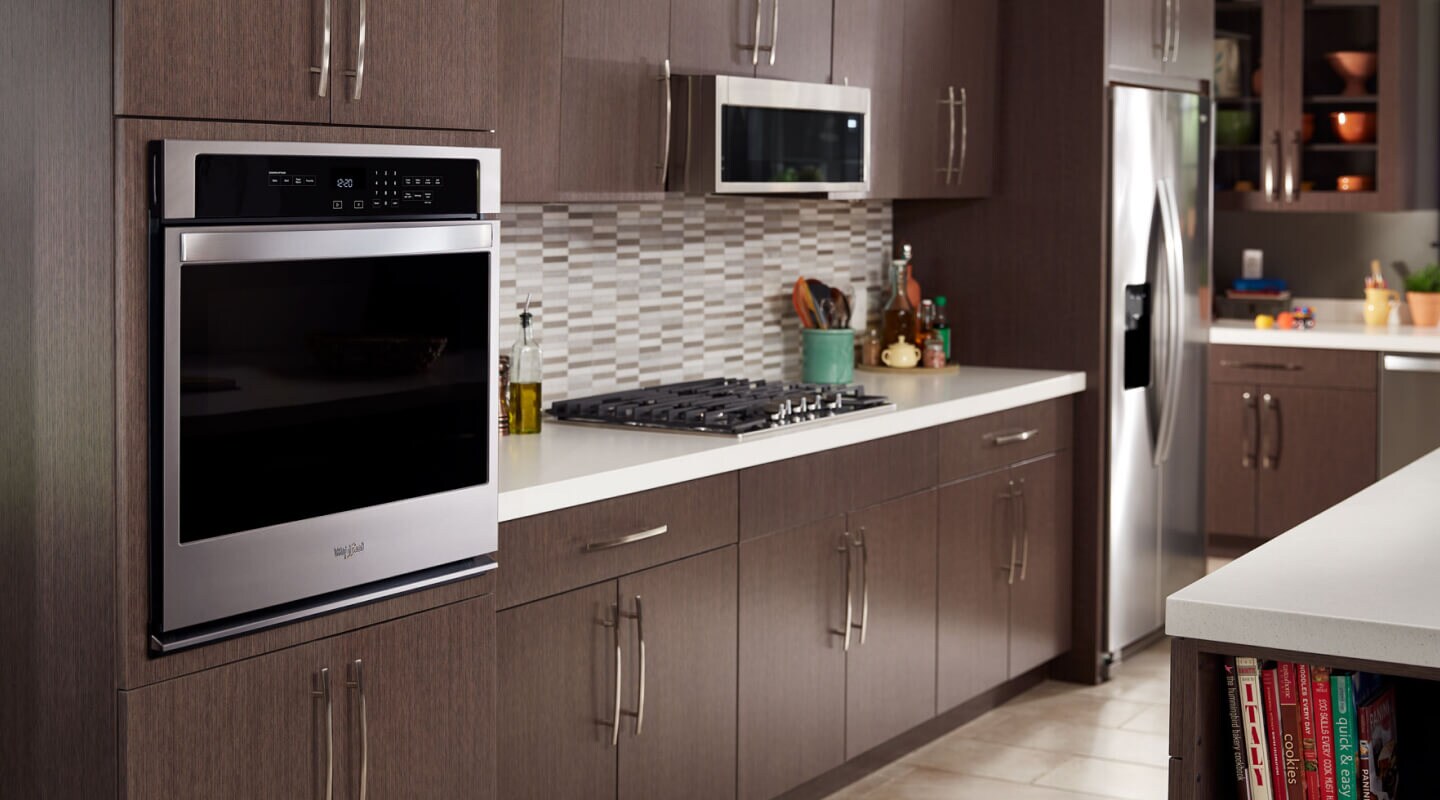 Stainless steel Whirlpool® wall oven in a modern kitchen Stainless steel Whirlpool® wall oven in a modern kitchen