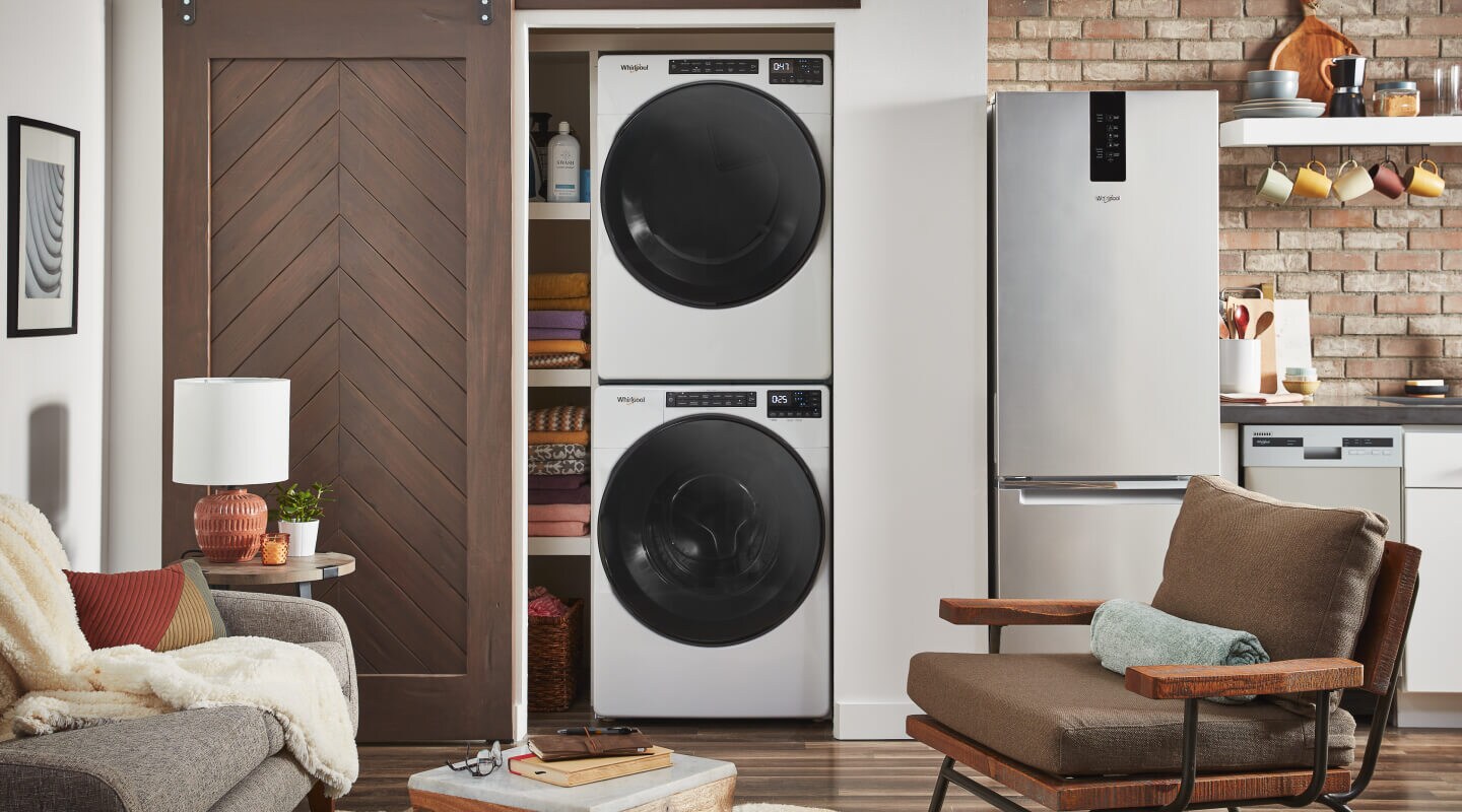 Stackable washer and dryer in a laundry closet Stackable washer and dryer in a laundry closet