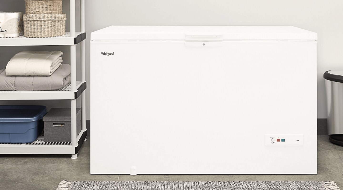 A Whirlpool® Chest Freezer in a storage room