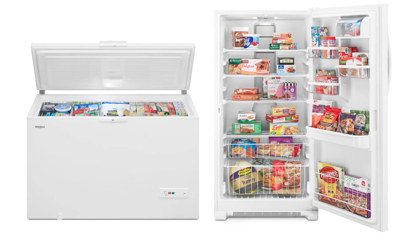 A Whirlpool® Chest Freezer and Whirlpool® Upright Freezer A Whirlpool® Chest Freezer and Whirlpool® Upright Freezer