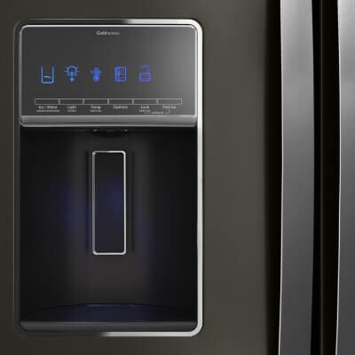 Close-up of an external water and ice dispenser