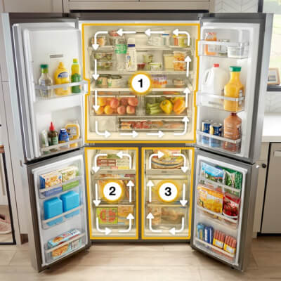 Open Whirlpool® 4-Door Refrigerator with numbered zone indicators