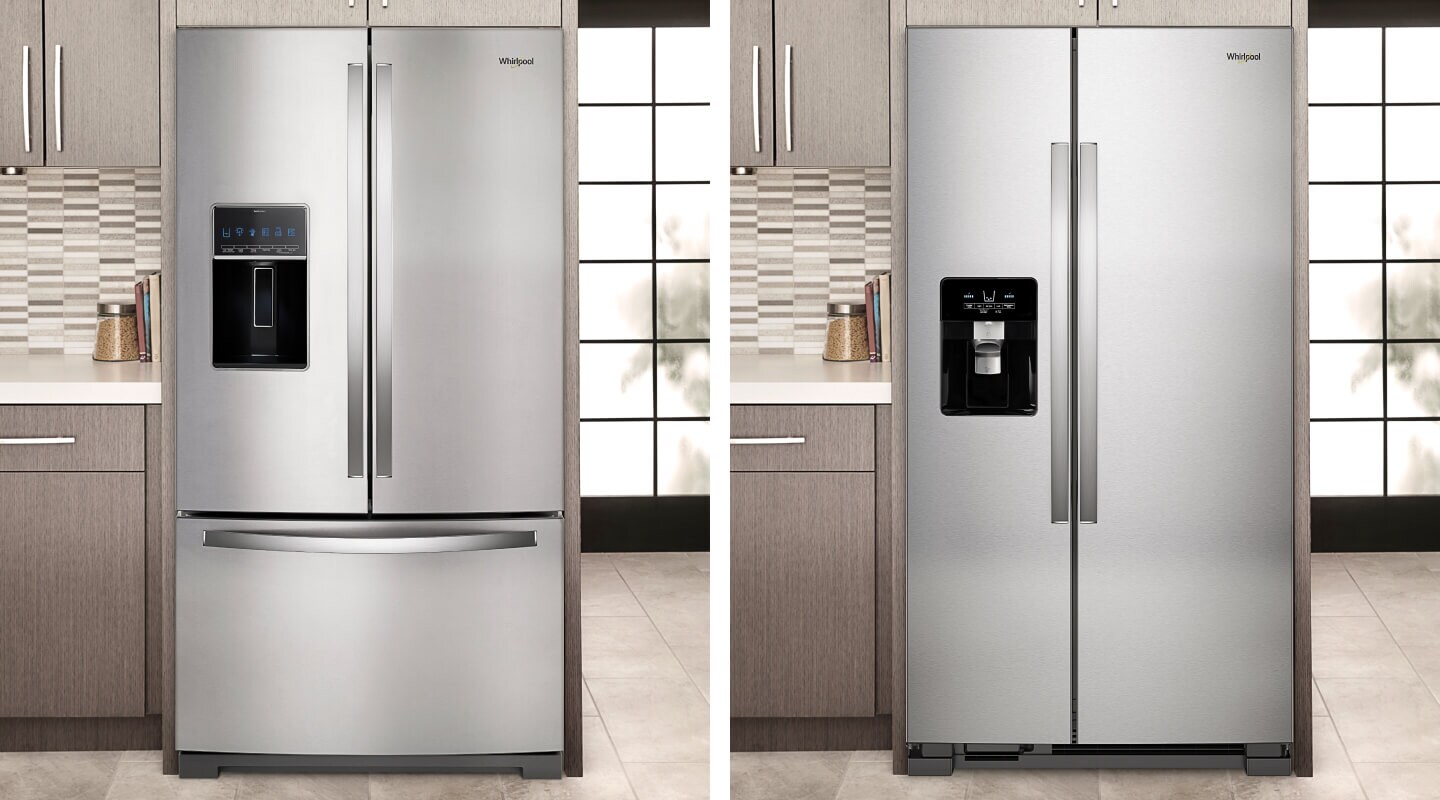 Split image with French door and side-by-side refrigerators