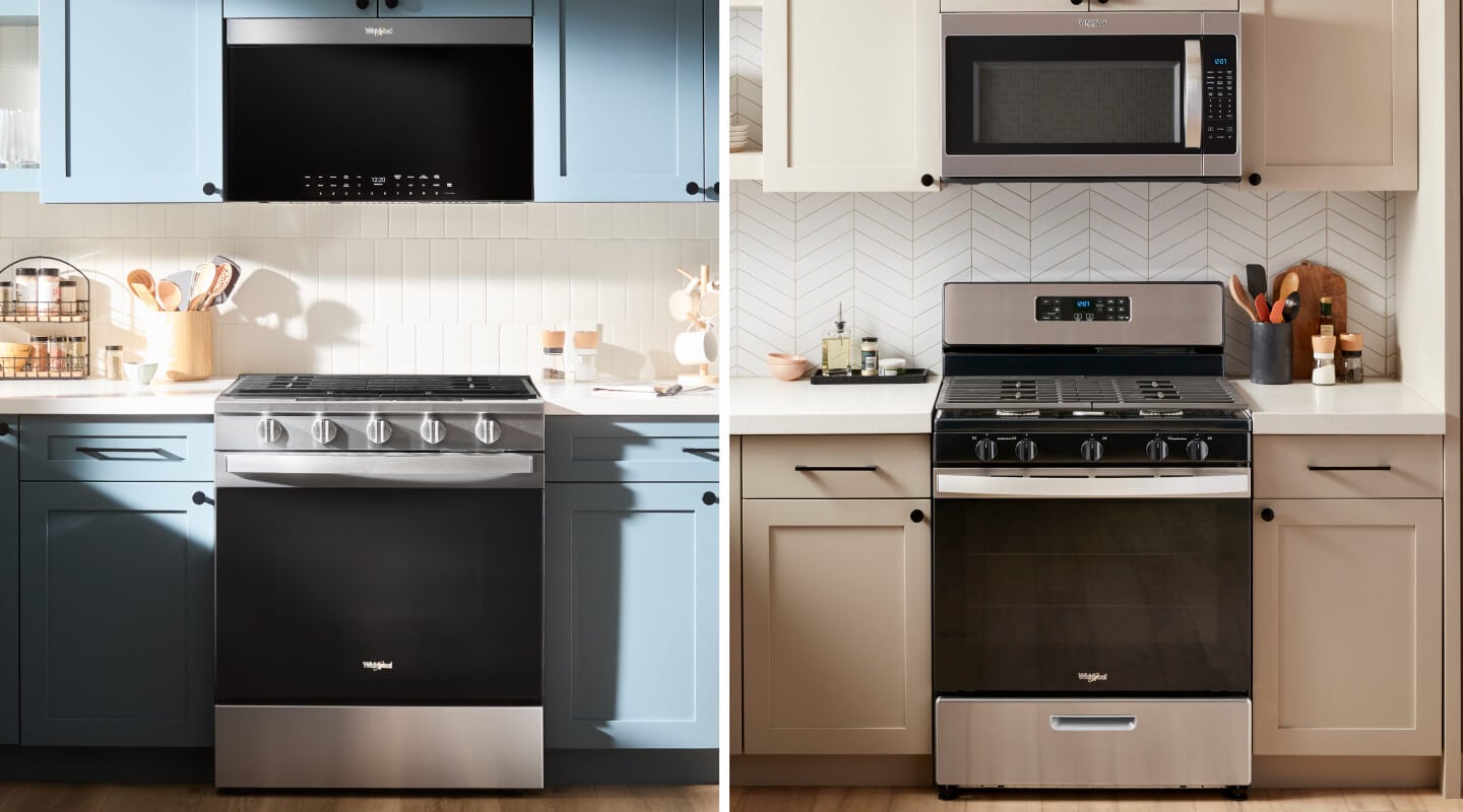 A collage of two images, the one on the left showing a Whirlpool® Gas Range in a kitchen with blue cabinetry and the one on the right showing a Whirlpool® Gas Range in a bright kitchen A collage of two images, the one on the left showing a Whirlpool® Gas Range in a kitchen with blue cabinetry and the one on the right showing a Whirlpool® Gas Range in a bright kitchen