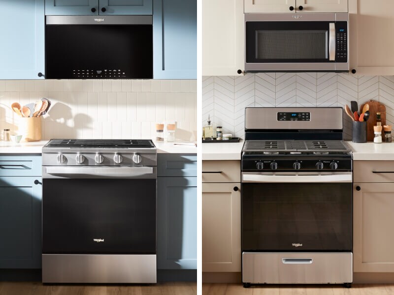 A collage of two images, the one on the left showing a Whirlpool® Gas Range in a kitchen with blue cabinetry and the one on the right showing a Whirlpool® Gas Range in a bright kitchen A collage of two images, the one on the left showing a Whirlpool® Gas Range in a kitchen with blue cabinetry and the one on the right showing a Whirlpool® Gas Range in a bright kitchen