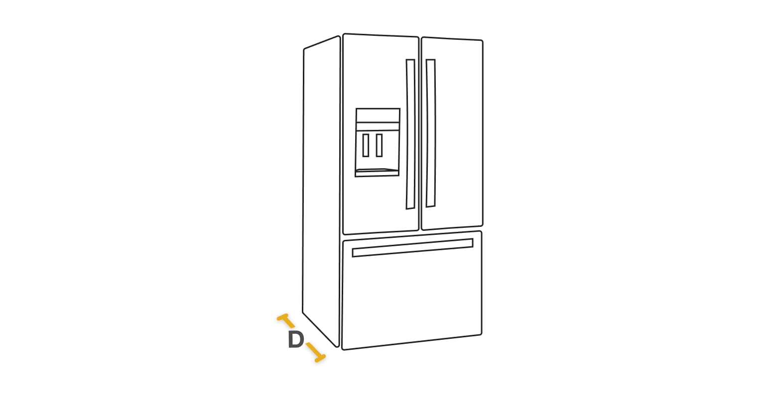 French Door refrigerator with the depth diagrammed for measurements