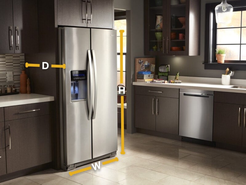 Side-by-side refrigerator with depth, width and height diagrammed for measurements
