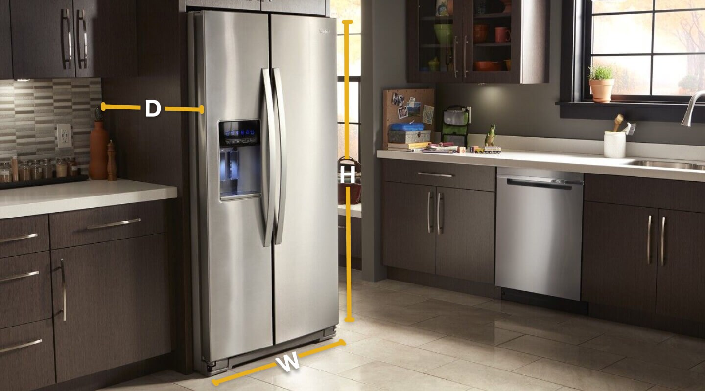 Side-by-side refrigerator with depth, width and height diagrammed for measurements
