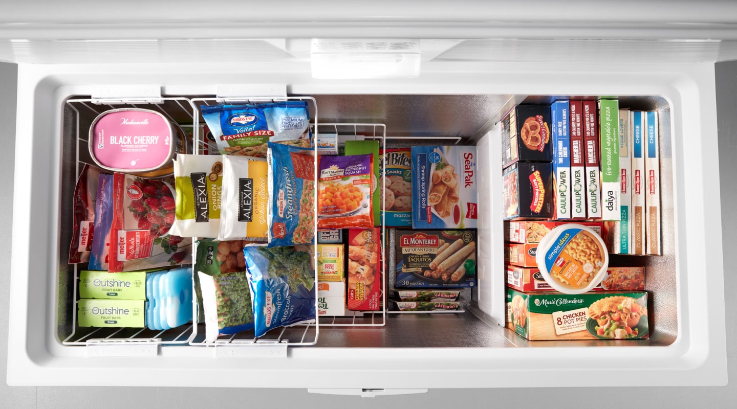 Frozen ingredients stored in an open deep freezer Frozen ingredients stored in an open deep freezer