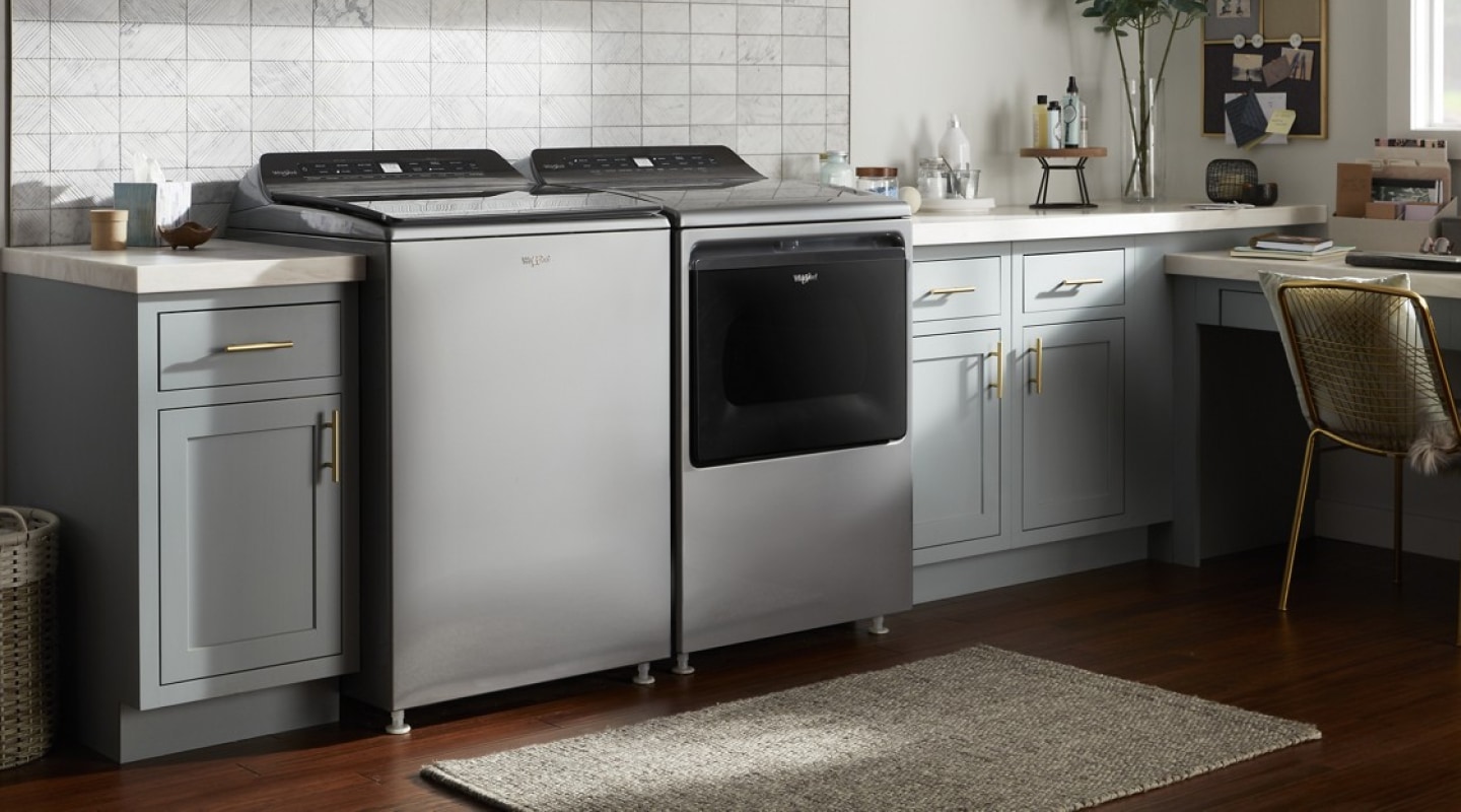Whirlpool® Front Load Washer and Dryer Set in a laundry room