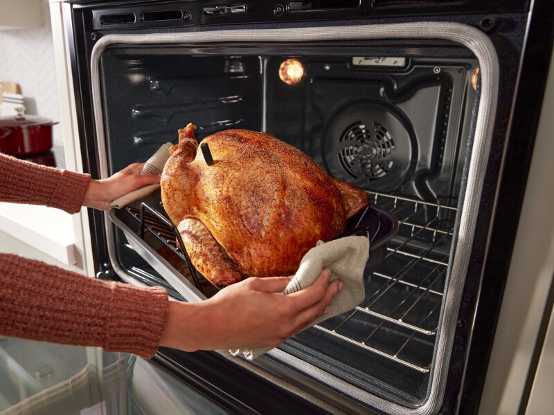 Person using oven mitts to pull a roasted turkey from the oven Person using oven mitts to pull a roasted turkey from the oven