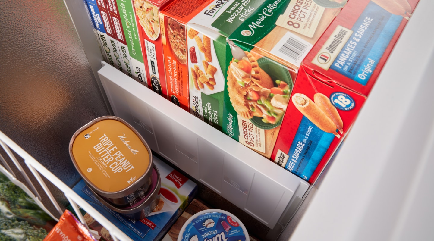Close-up of frozen food in the freezer Close-up of frozen food in the freezer