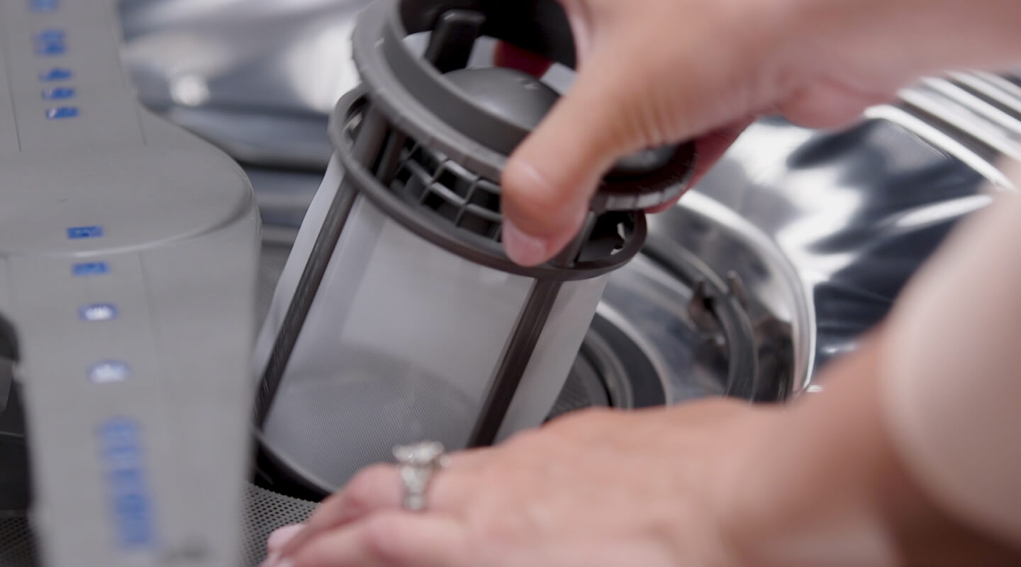 A person removing a filter from a dishwasher
