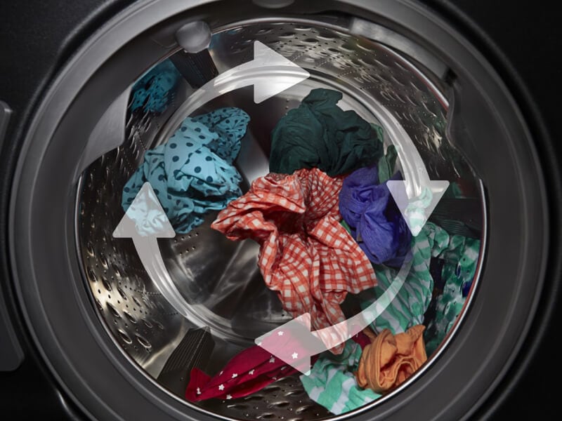 Illustrated photo showing how clothes move in a washer drum Illustrated photo showing how clothes move in a washer drum