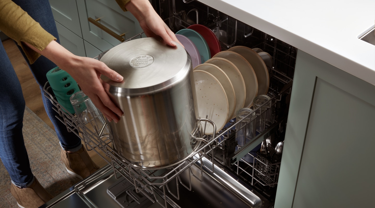Stainless steel pot coming out of a Whirlpool® Dishwasher