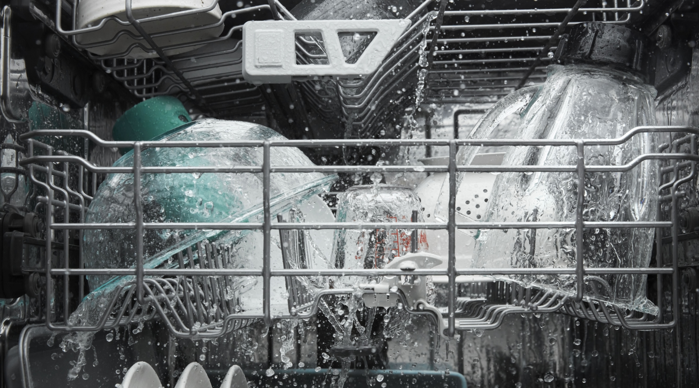 Dishes in the middle of a dishwasher cycle Dishes in the middle of a dishwasher cycle