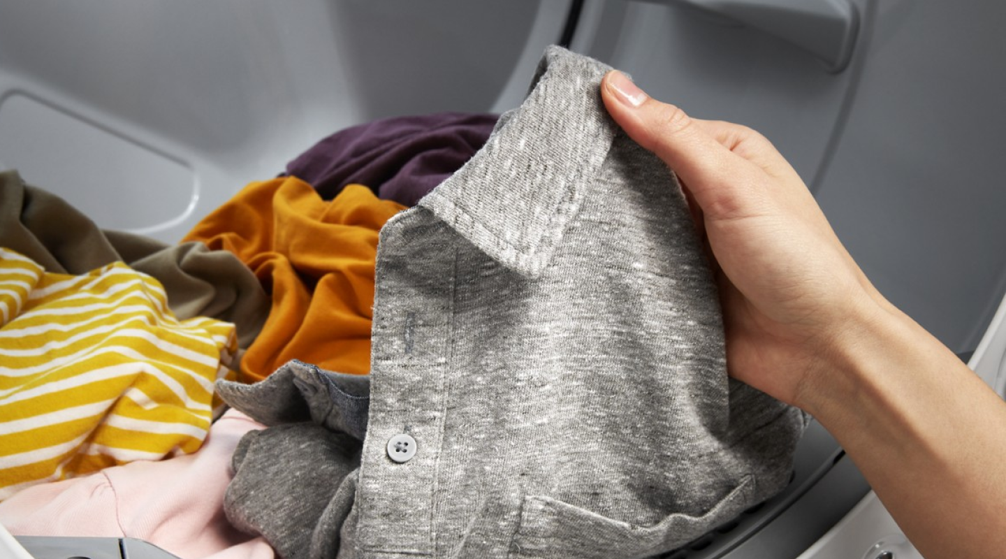 Person holding gray collared shirt Person holding gray collared shirt