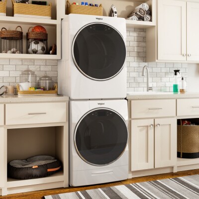 A stacked front-load laundry set