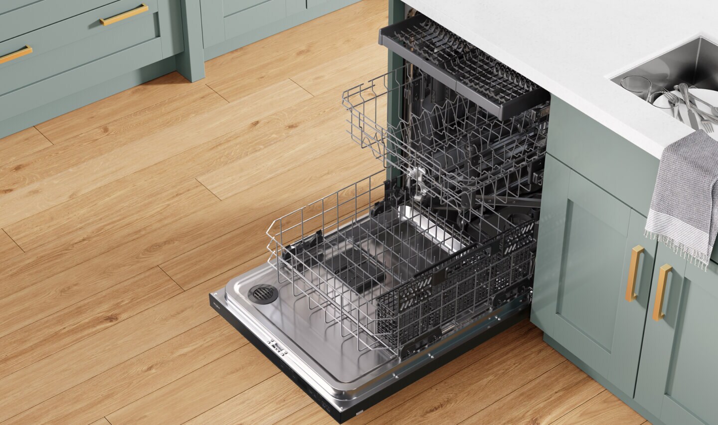 An opened dishwasher with a 3rd Rack