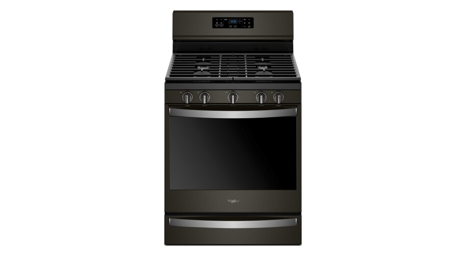 Black Whirlpool® gas range with backsplash Black Whirlpool® gas range with backsplash